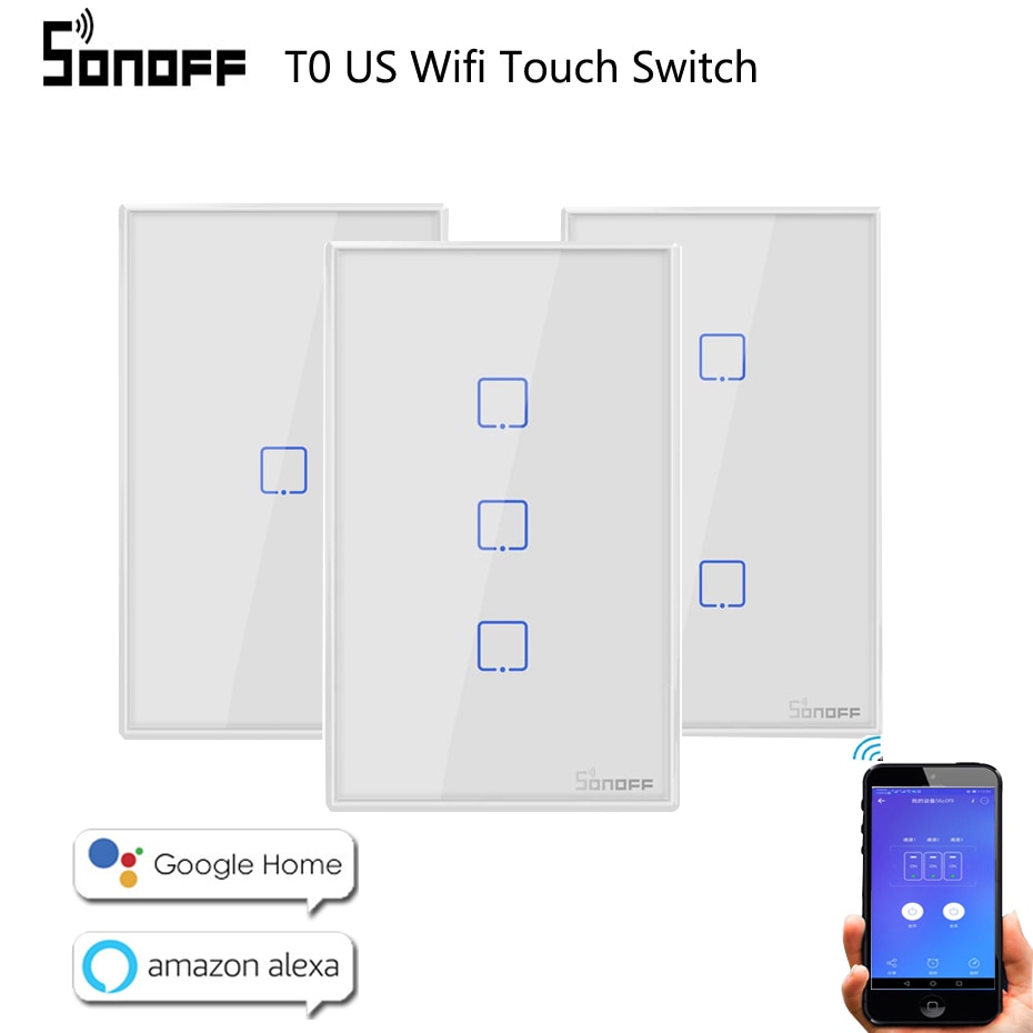 Sonoff WiFi Smart Switch T0 US EU 1 2 3 Gang Wall Touch Panel Wireless Remote lamp Smart Home Controller by Alexa Google Home