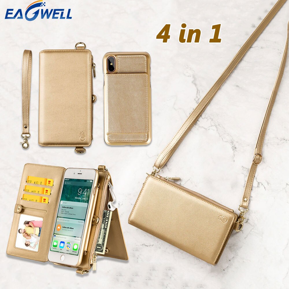 4 in 1 Leather Wallet Bag Case for iPhone 11 Pro XR XS Max X 6 7 8 Plus Detachable Phone Cover Girl Women Shoulder Bag Handbag