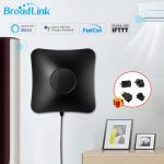 A BroadLink RM4 Pro smart controller managing IR and RF devices, enabling seamless control of home appliances via mobile app and voice commands.