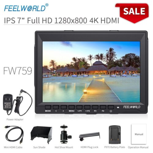 FEELWORLD FW759 7-inch DSLR Field Monitor with 4K HDMI Input, IPS Display, and Peaking Focus Assist for Professional Photography and Video.