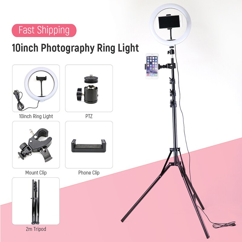 10inch Dimmable LED Selfie Ring Light With 0.5m/1.6m/1.9m/2m Tripod Stand Photographic Lighting Phone Clip For Youtube Tiktok VK