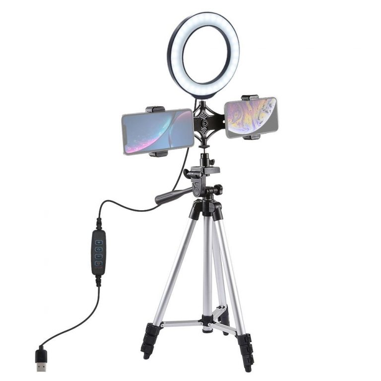 LED Ring Light + Dual Phone Clip Holder Bracket For Makeup Vlog