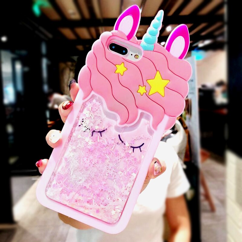 3D Cartoon Pink Quicksand Unicorn Soft Silicone Liquid Stars Case for Iphone 8 Plus 7 6S 6 plus 5 S 5S SE XS Max XR X Phone Case
