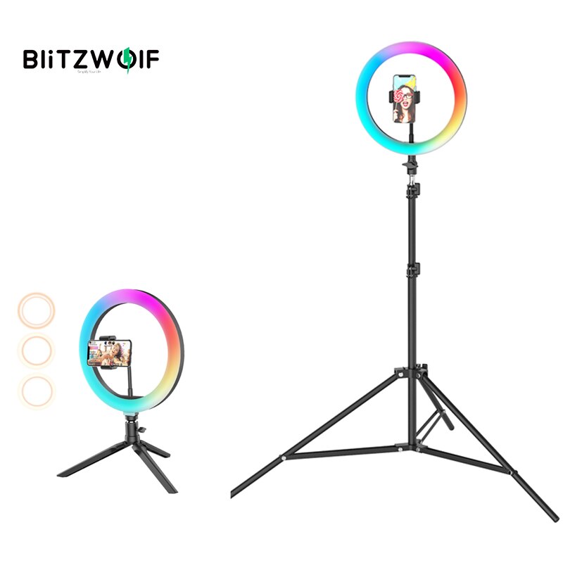 BlitzWolf BW-SL5 10inch RGB LED Ring Light with Tripod Phone Holder Dimmable Selfie Ring Lamp for YouTube Tiktok Living