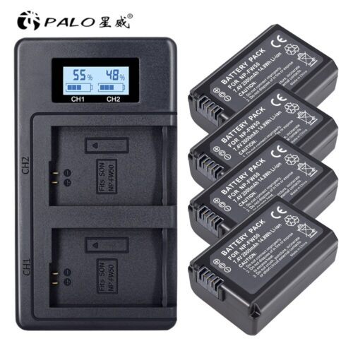 4 NP-FW50 batteries with a sleek dual LCD charger, compatible with Sony Alpha and NEX cameras for extended shooting sessions