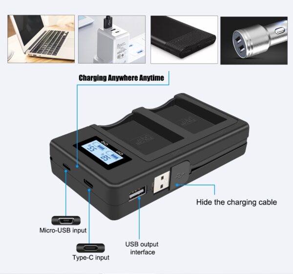Camera Battery +LCD Dual USB Charger for Canon