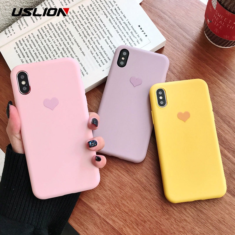 USLION Candy Color Case for iPhone 11 Pro XR X Xs Max Love Heart Phone Cover for iPhone 6 6S 7 8 Plus 11 Pro Max Soft TPU Cases