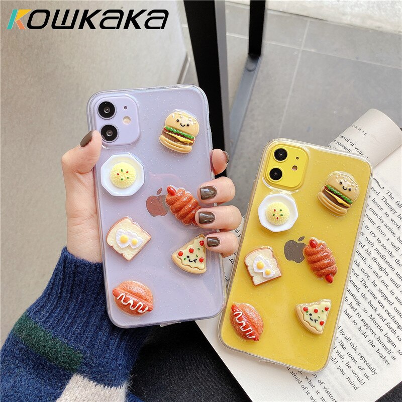 Kowkaka Clear Glitter 3D Foods Phone Case For iPhone 11 Pro Max 6 6s 78 Plus X XR XS Max Shiny Simple Soft TPU Back Cover Couple