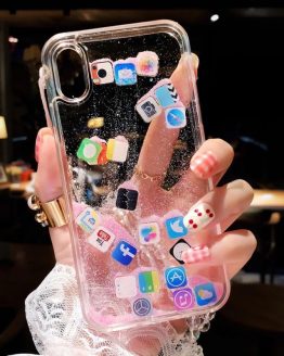 For iPhone 8 Dynamic liquid Glitter Tempered glass Clear Shell For iPhone X 7 6s Plus Case Quicksand Cover Cute APP icon Case