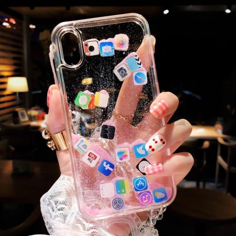 For iPhone 8 Dynamic liquid Glitter Tempered glass Clear Shell For iPhone X 7 6s Plus Case Quicksand Cover Cute APP icon Case