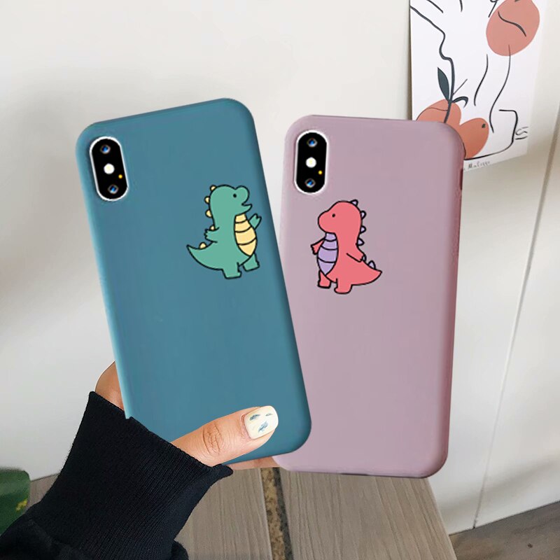 JAMULAR Cartoon Dinosaur Phone Case For iPhone 7 11 Pro X XS MAX XR 8 6 Plus Cute Couple Dragon Soft Back Cover Candy Color Capa