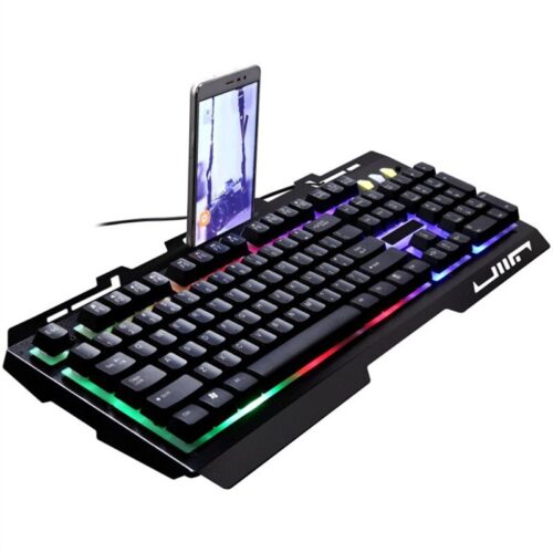 Mechanical Gaming Keyboard with phone holder, customizable backlighting, and compact design for gaming and productivity