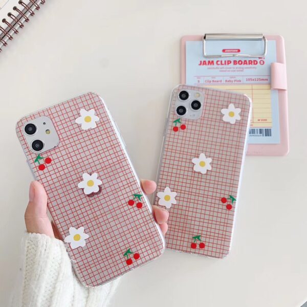 INS cute minimalist cherry small daisy pink plaid phone case for iPhone 11 pro MAX Xs MAX Xr X 7 8 plus soft TPU back cover 2 INS cute minimalist cherry small daisy pink plaid phone case