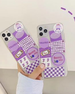 INS Korea cute purple lattice illustration small flower phone case for iPhone 11 pro MAX Xs MAX Xr X 7 8plus soft TPU back cover