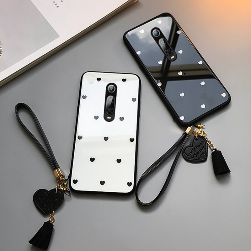 Case & Strap For OPPO F11 F7 F9 F5 phone Cases Small Love Heart Tempered Glass Hard back Cover For OPPO F11 Pro f5 f7 f9 case