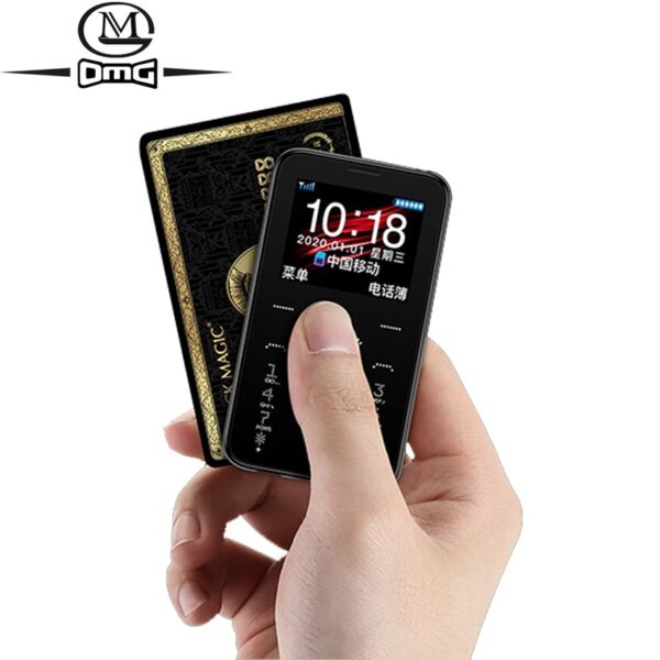 Ultra-slim SOYES 7S+ mini card mobile phone with 1.5-inch screen, black bar design, and GSM compatibility for kids and minimalists.