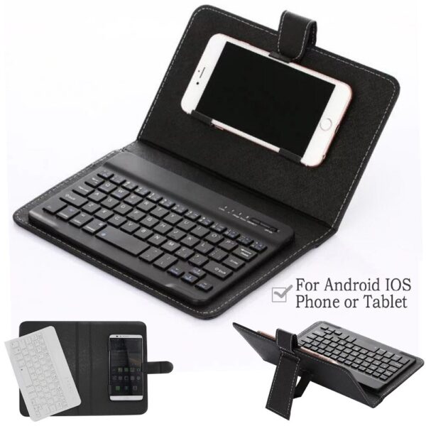 Keyboard Case for iPhone iPad Huawei Xiaomi Bluetooth keyboard case folio in black PU leather with built-in stand and 78-key wireless keyboard.