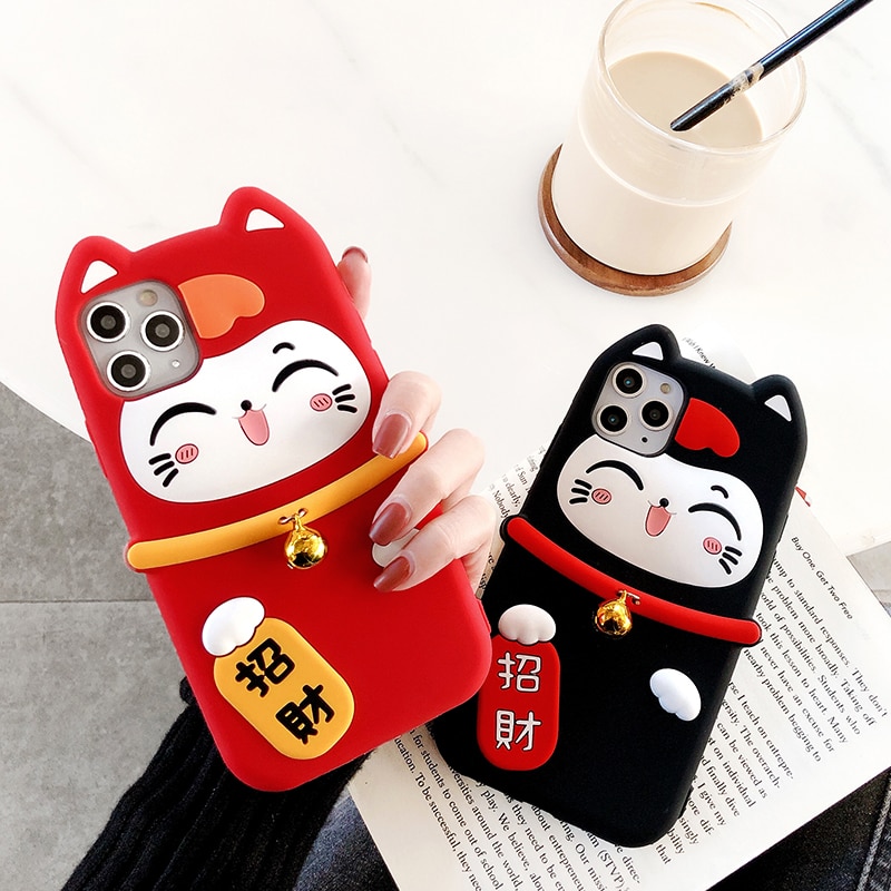 For iPhone XS max Lucky Cat Soft case for iphone 11 pro max XR X 7 6 6S 8plus Maneki Neko Festive soft phone case Small bell