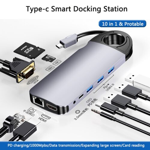 10 In 1 USB Hub For MacBook USB C To HDMI/VGA/RJ45 Thunderbolt 3