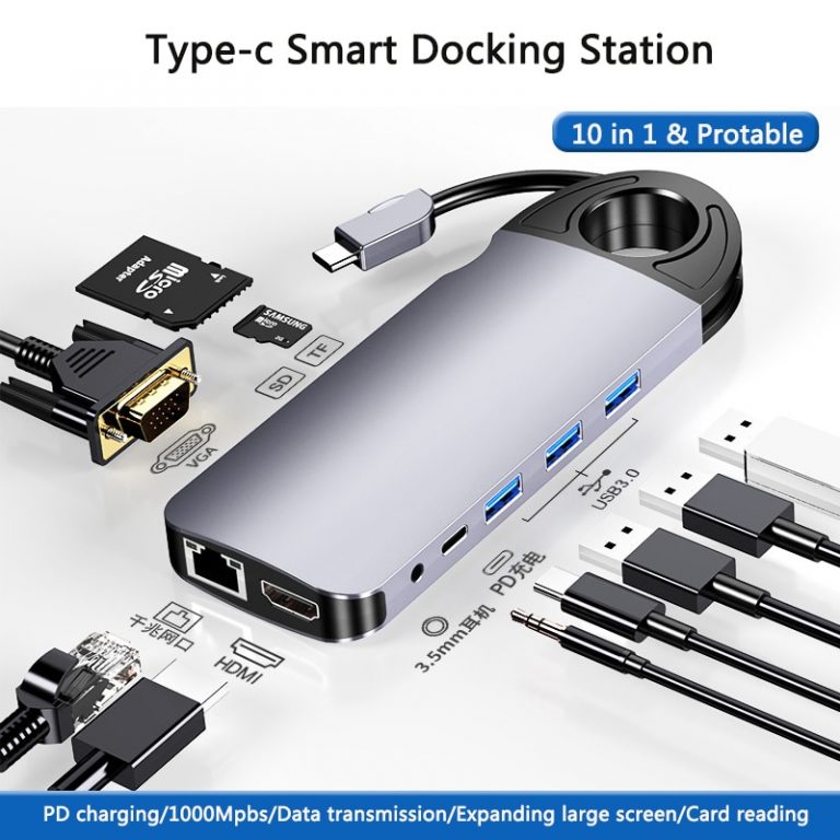 10 In 1 USB Hub For MacBook USB C To HDMI/VGA/RJ45 Thunderbolt 3