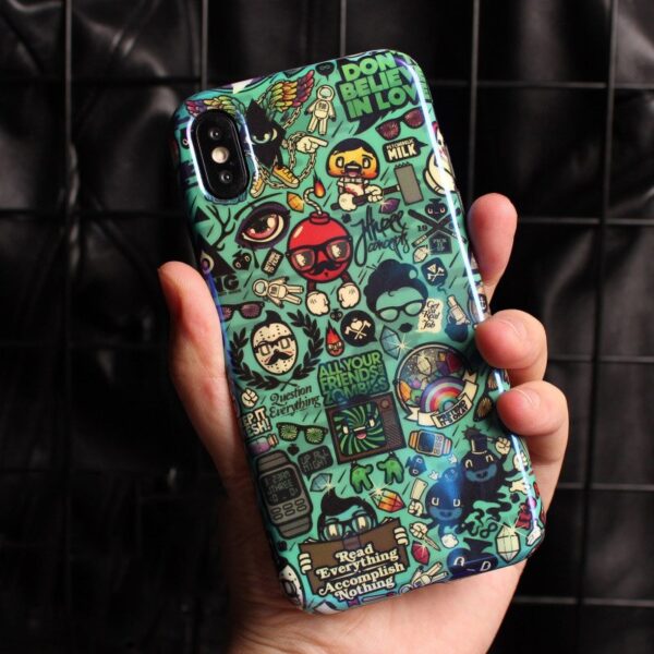 Green Funny Doodle Cartoon Case for iPhone - XS MAX, XS, X, XR, 7, 8 Plus, 6, 6s Plus: Express Your Style with High-End Emboss Painting Soft Case