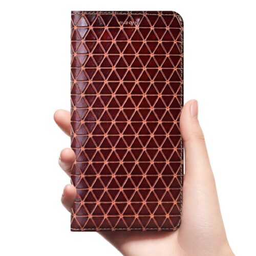 Grid Genuine Leather Flip Case For Apple iPhone 12 11 Pro