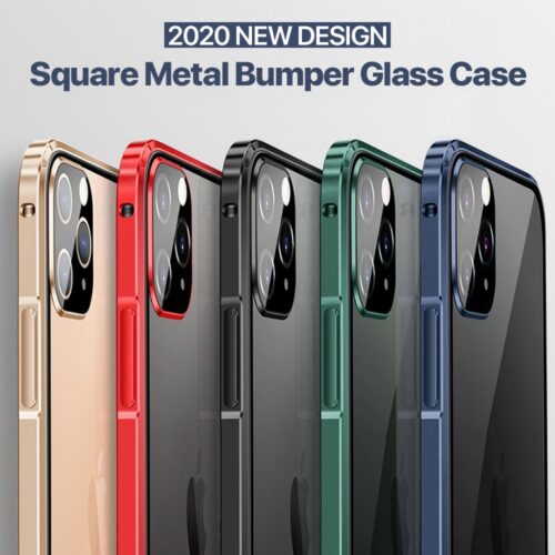 iPhone 11 Pro Max aluminum bumper case with clear tempered glass back and camera protection