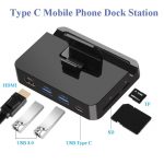 Erilles USB Type-C Docking Station Hub for Samsung & Huawei devices with HDMI, USB 3.0, and adjustable phone stand – Compact and multifunctional.