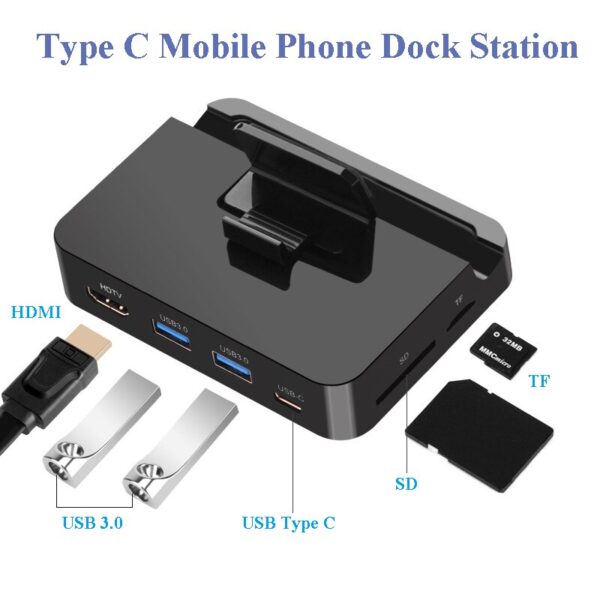 Erilles USB Type-C Docking Station Hub for Samsung & Huawei devices with HDMI, USB 3.0, and adjustable phone stand – Compact and multifunctional.
