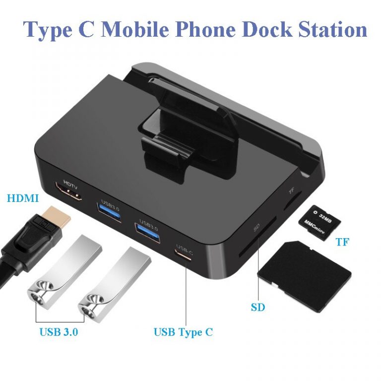 Mobile Phone USB Type C Docking Station Hub Holder Erilles USB Type-C Docking Station Hub for Samsung & Huawei devices with HDMI, USB 3.0, and adjustable phone stand – Compact and multifunctional.