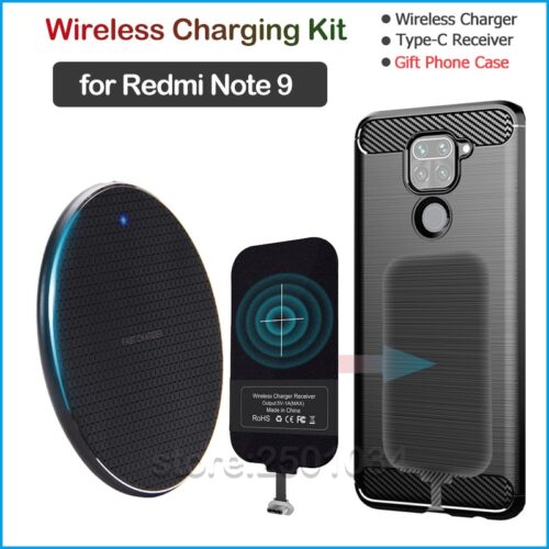 Wireless Charging Kit for Xiaomi Redmi Note 9 – Includes Qi Charger, Type-C Receiver, and Soft TPU Case