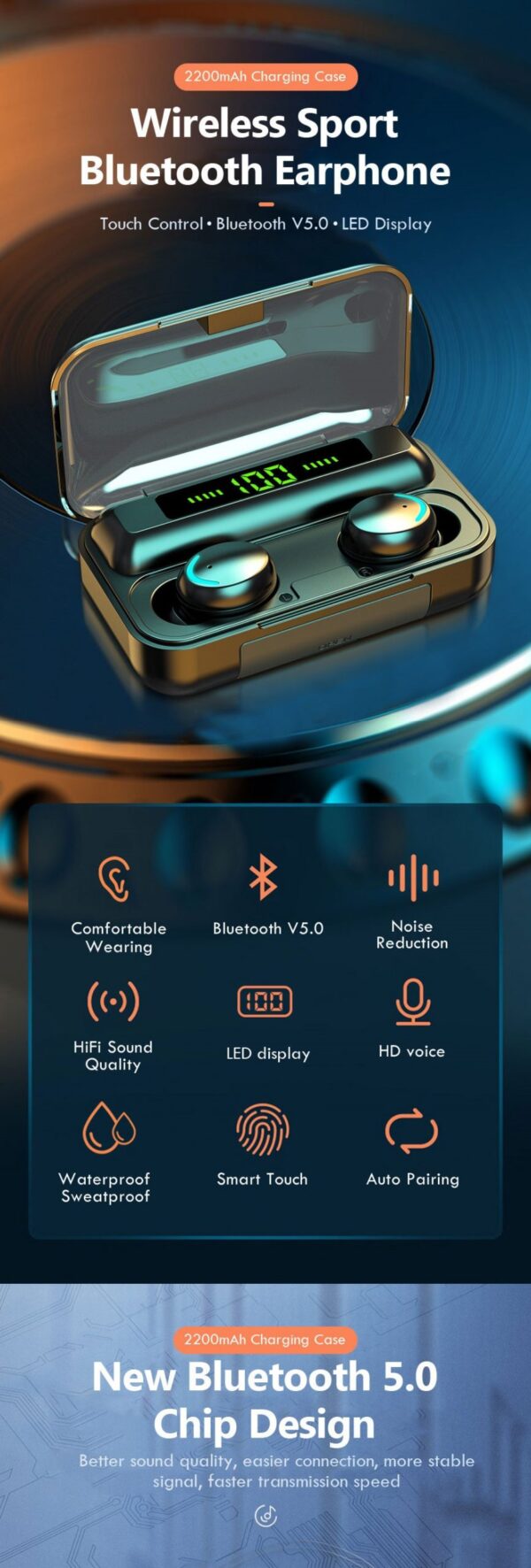 TWS Bluetooth Earphone V5.0 9D Stereo Wireless Headphones Sport Waterproof Earphones Mini True Earbuds Headsets for cellphone