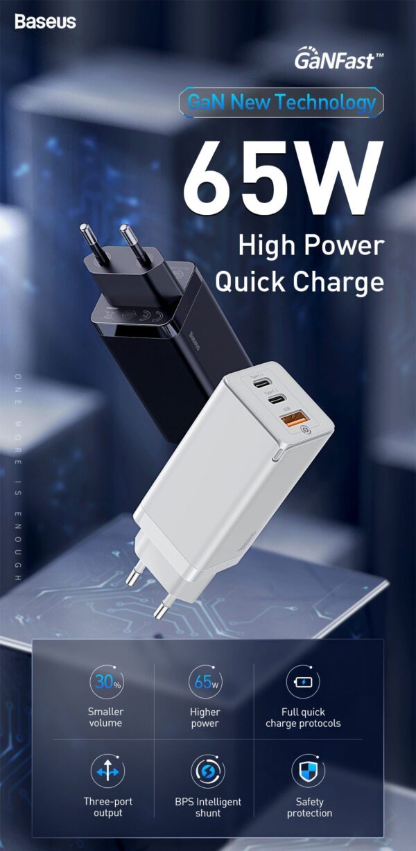 Baseus GaN 65W USB-C Quick Charge 4.0 Charger for iPhone 12 Pro Max and MacBook Baseus GaN 65W USB-C Quick Charge 4.0 Charger for iPhone 12 Pro Max and MacBook