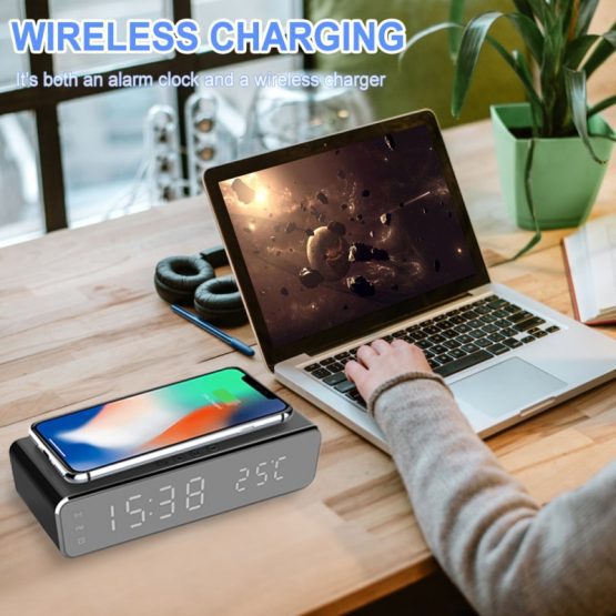 Wireless Charger LED Desk Alarm Clock Thermometer