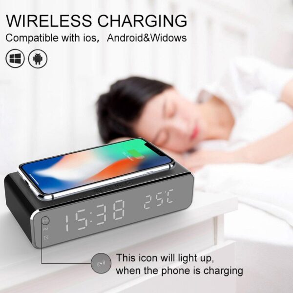 LED Desk Alarm Clock with Thermometer and Wireless Charging Pad LED Desk Alarm Clock with Thermometer and Wireless Charging Pad