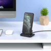 Black 3-in-1 mobile docking station with magnetic charger for iPhone, Micro, and Type-C phones.