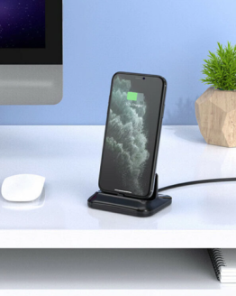 Black 3-in-1 mobile docking station with magnetic charger for iPhone, Micro, and Type-C phones.