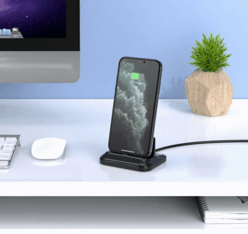 Black 3-in-1 mobile docking station with magnetic charger for iPhone, Micro, and Type-C phones.