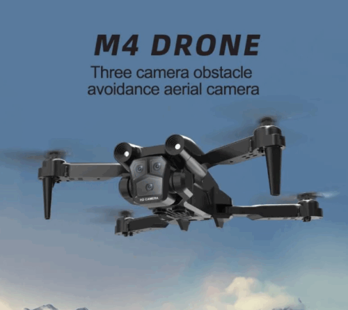 Compact foldable M4 4K RC drone with triple HD camera, shown with arms folded, perfect for travel photography and capturing 120° wide-angle shots. 