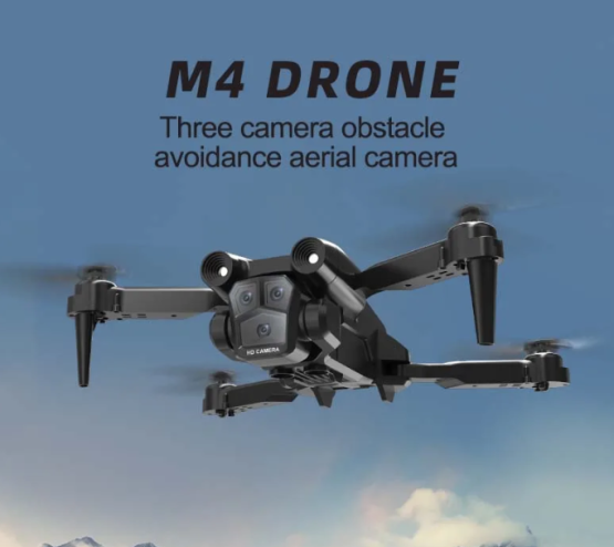 Compact foldable M4 4K RC drone with triple HD camera, shown with arms folded, perfect for travel photography and capturing 120° wide-angle shots. 